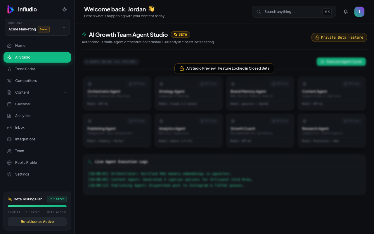 Infludio AI Studio - locked beta preview