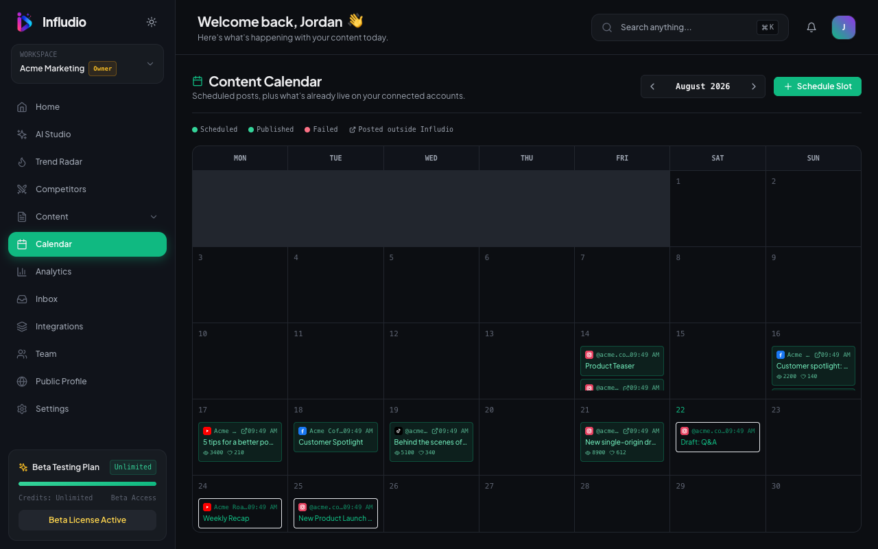 Infludio content calendar