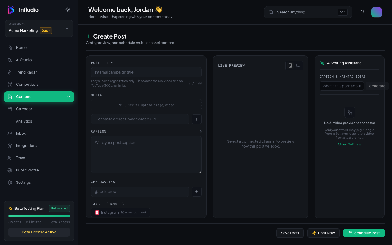 Infludio Create Post screen with AI Writing Assistant
