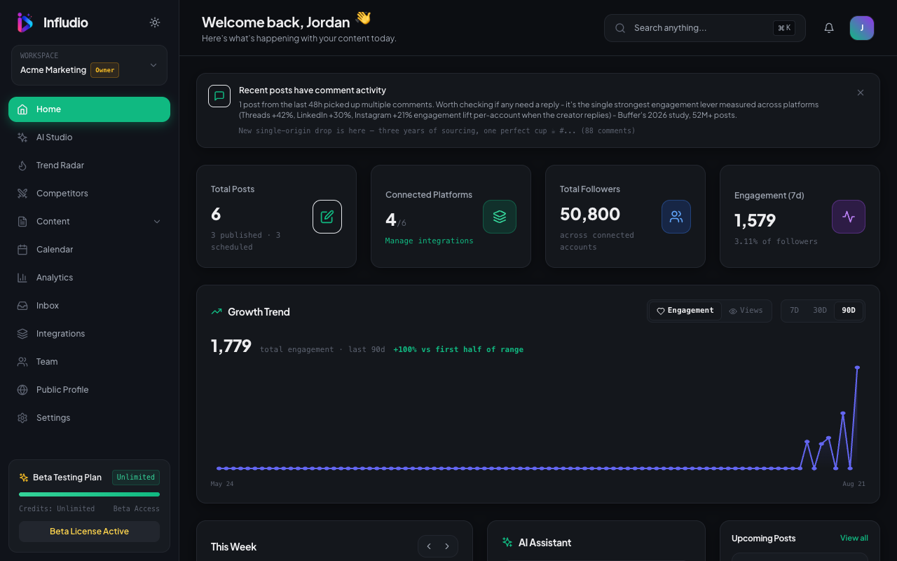 Infludio home dashboard - real posts, followers, and growth trend