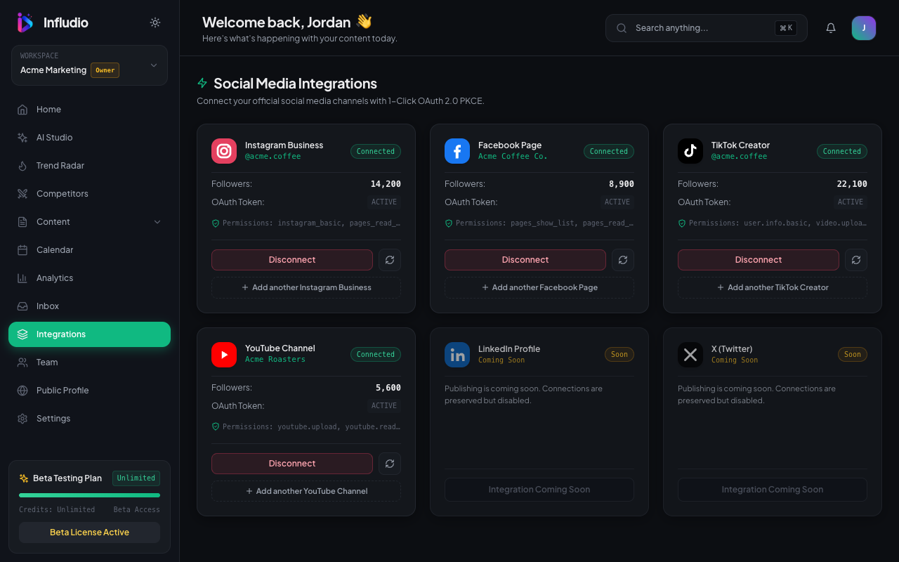 Infludio social media integrations