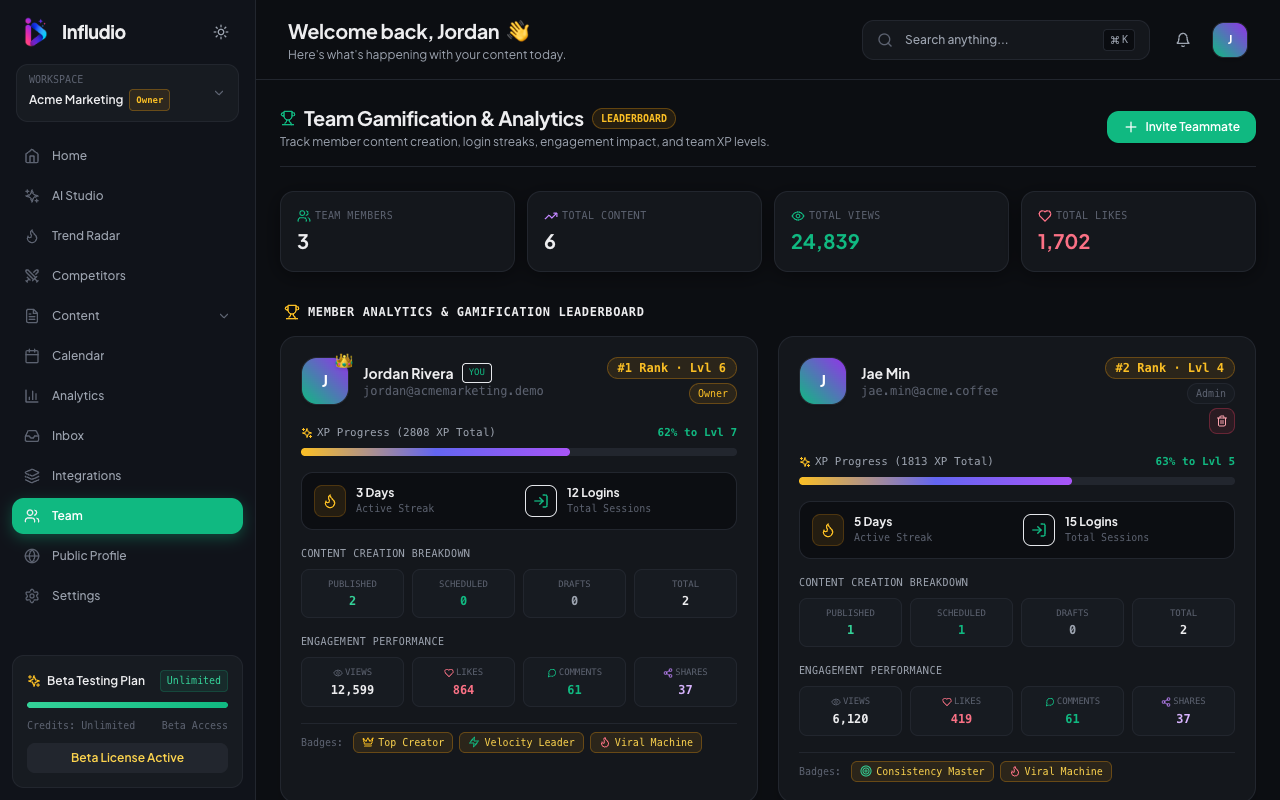 Infludio team and gamification leaderboard